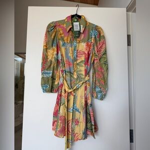 FARM Rio Tropical Patchwork Button Down Shirt Dress 🌺🌿 Belted Mini NWT Brazil